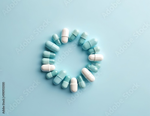Circular arrangement of white and light blue medical capsules on a plain light blue background. Empty copy space for text or design. Healing and treatment concept.