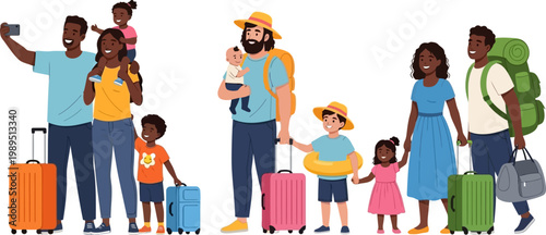 Flat vector illustration featuring diverse families with children and luggage ready for summer travel and holiday adventures
