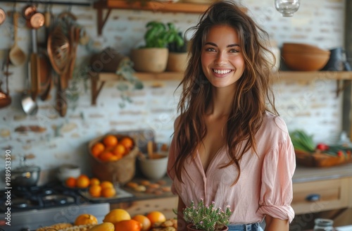 Smiling woman holds a small plant in a warm, rustic kitchen with fresh fruits and copper