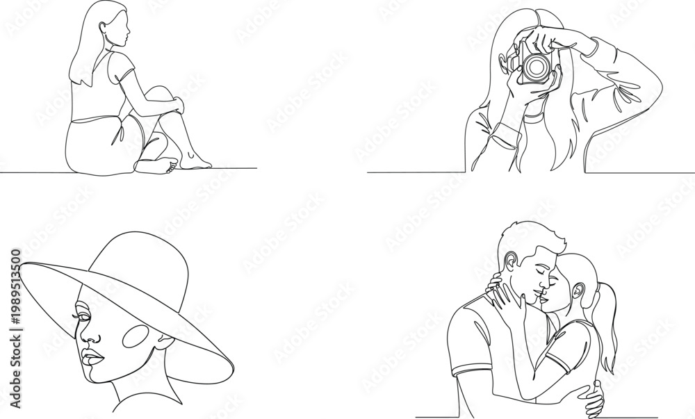 Fototapeta premium Continuous Line Art People Set – Sitting Woman, Photographer, Fashion Portrait and Romantic Couple One Line Drawing Vector Illustration