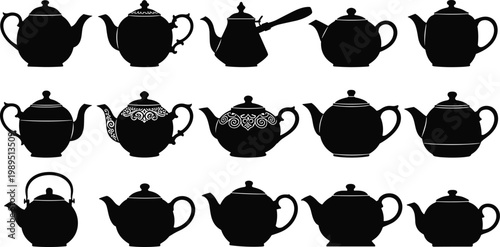 Teapot silhouettes vector illustration set, vintage and modern tea kettle collection, kitchen drinkware icons isolated on background for design