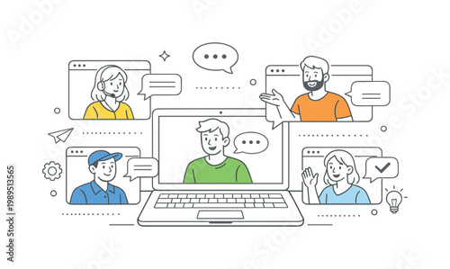 Remote group discussion using digital platforms where participants connect and communicate from different locations, depicted by a laptop with multiple chat windows and