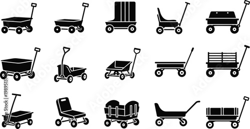 Utility wagon cart vector illustration set, garden and transport trolleys collection, various pull carts silhouettes isolated on background design