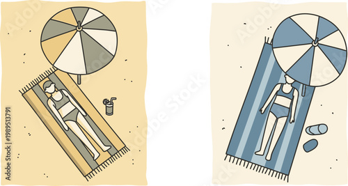 Minimalist vector illustration of women sunbathing on beach towels under colorful umbrellas with summer drinks and sandals