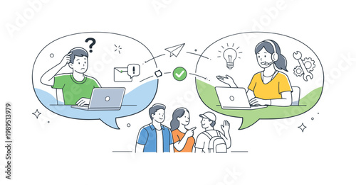 Customer support interaction where a user seeks help and receives guidance in real time, represented by a metaphor of two large messaging bubbles connected by subtle