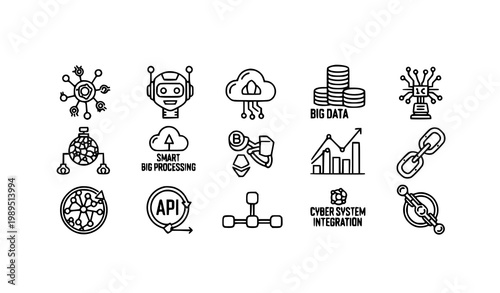Modern outline technology icons pack with AI neural network robotics blockchain and digital computing symbols