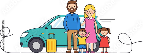 Happy family with two children standing by teal car and yellow suitcase for road trip vacation vector illustration