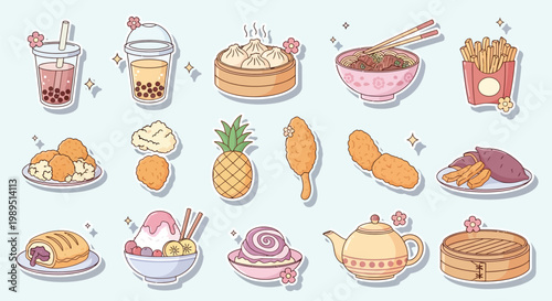 A delightful collection of cute, hand-drawn Asian-inspired food and drink illustrations on a light blue background.