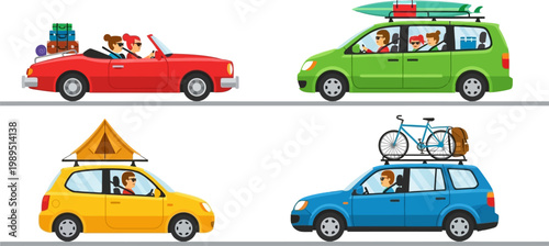 Flat vector illustration set of four colorful cars packed with luggage surfboards and camping gear for summer road trip adventures