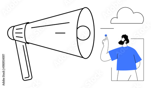 Digital communication, cloud data, online announcements, information sharing, innovation, team collaboration. Minimalist megaphone, person holding key near cloud. Communication and cloud data ideas