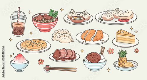 A vibrant and colorful collection of delicious Asian food dishes and drinks, artfully arranged for a delightful visual feast.