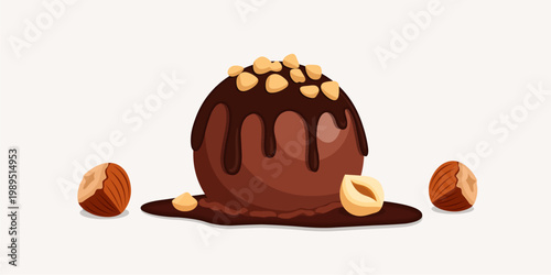 Rich Chocolate Ice Cream Scoop Melting with Sauce and Toasted Nuts