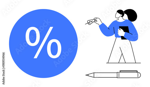 Financial services, business planning, discount offers, analysis, education, calculation tools. Image features a percentage symbol, a woman with notes and a pen. Financial services and business
