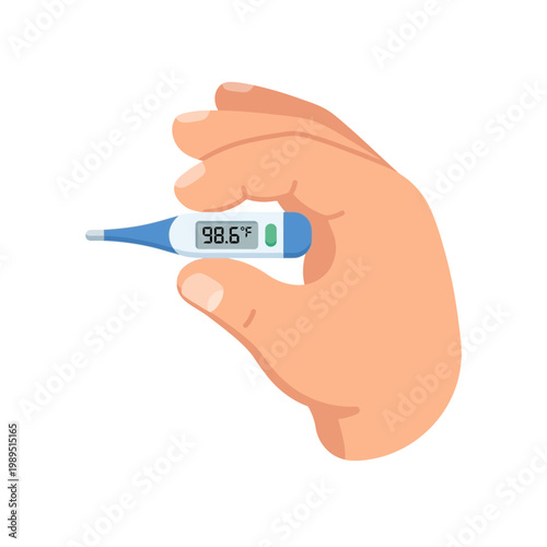 A hand holding a digital thermometer displaying temperature reading clearly