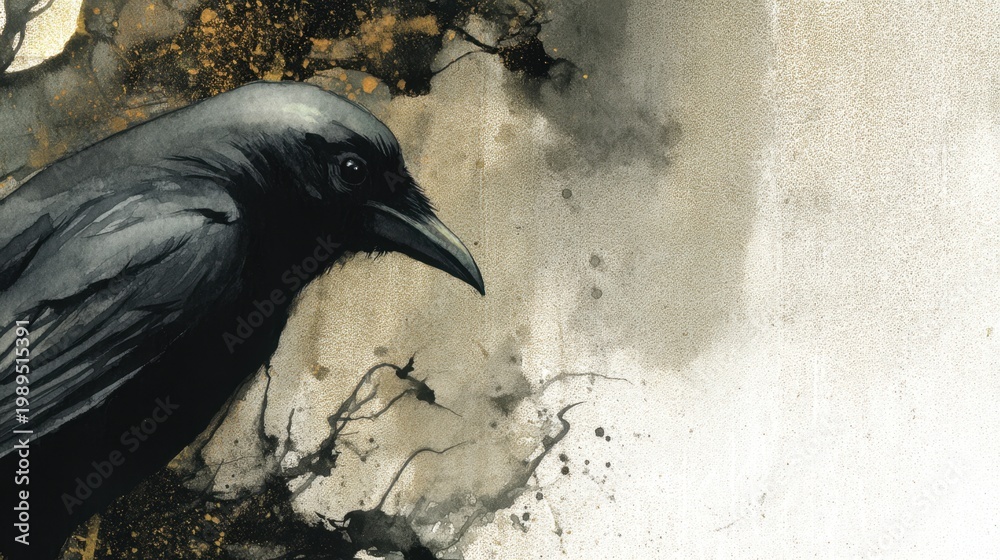 Fototapeta premium Black bird with expressive feathers perched against a textured abstract background of muted tones and splashes of color
