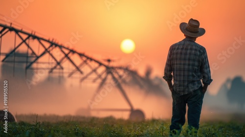 Farmer Watching Sunset with Irrigation System in Field, Capturing the Essence of Agriculture and Nature at Dusk