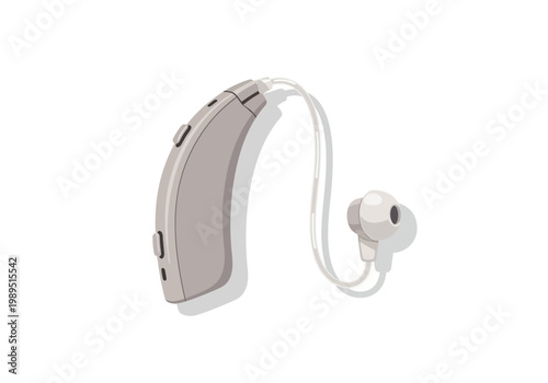 A beige behindtheear hearing aid with a connected white earbud receiver