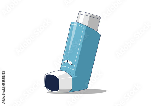 Blue and white metereddose inhaler illustration with a dose indicator