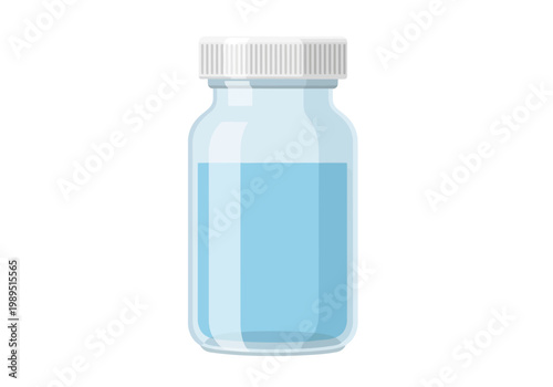 A clear glass bottle with a white ribbed cap filled halfway with light blue liquid