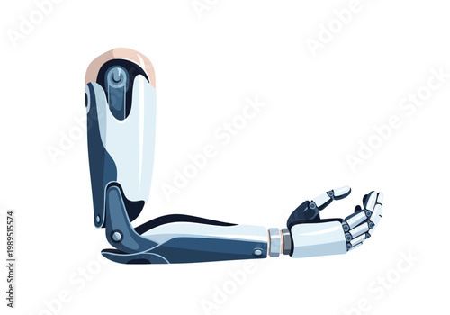 Detailed illustration of a prosthetic robotic arm and hand against a white background