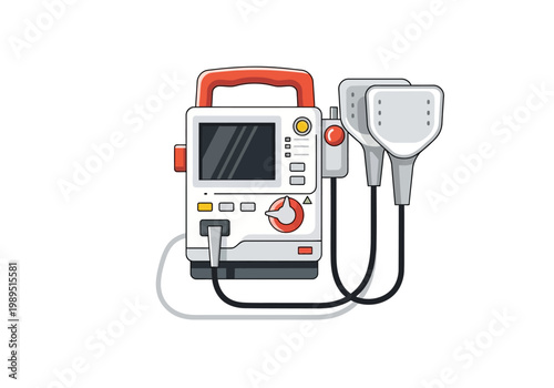 Cartoon illustration of a portable medical defibrillator with paddles