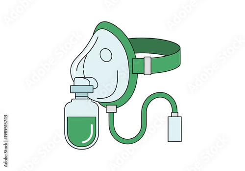 Illustration of a green and light blue medical oxygen mask with reservoir and tubing