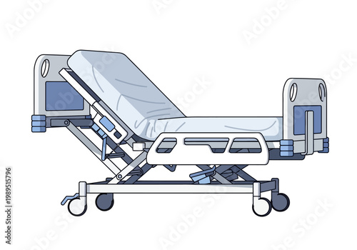 Illustration of an adjustable hospital bed with a raised head section on wheels