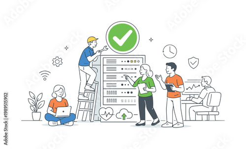 A system uptime monitoring and reliability assurance scene showing a small team maintaining performance around a large server and a check indicator, using a clean visual