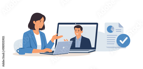 A structured online consultation moment where information is shared and decisions are made remotely, reflecting efficiency, flexibility, and modern digital interaction, a