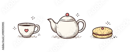 Simple tea break theme a horizontal row of 3 related hand-drawn objects on a white background: a small teacup with a tiny red heart on the side, a simple teapot with a