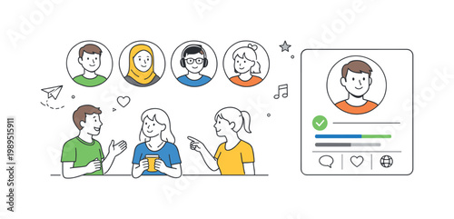 A digital identity and user profile scenario where individuals represent themselves across platforms using simple visual identities, illustrated through a clean scene