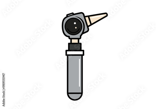 Stylized illustration of an otoscope with a gray handle and ear speculum
