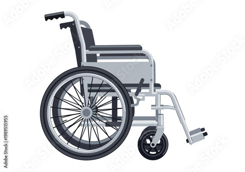 Stylized side view illustration of a gray and dark gray manual wheelchair