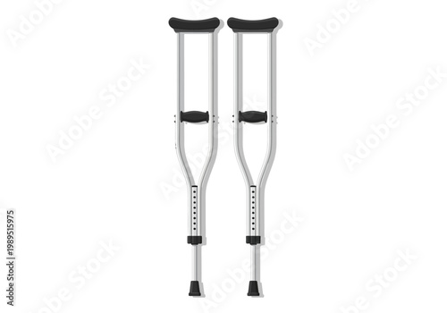 Two silver aluminum underarm crutches with black handgrips and tips