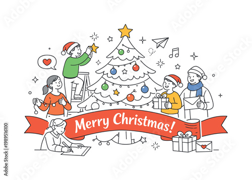 Christmas holiday celebration and seasonal marketing in a festive context where people prepare decorations and share joyful messages, represented by a clear visual