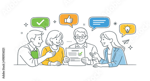 Agreement feedback professional review scene showing a small group of colleagues evaluating terms and sharing constructive input in a collaborative business environment,