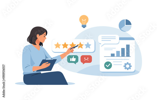A company refining its services based on user input and insights, depicted as a person interacting with a minimal rating element beside a simple abstract interface,