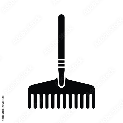 Rake tool features a sturdy metal head with multiple teeth designed for clearing debris from a garden landscape.