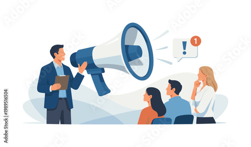 Marketing communication scenario where a professional announces important information to a broad audience through digital channels and strategic messaging, symbolized by