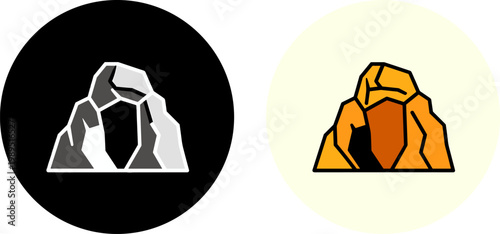 Rock formation illustration, cave entrance vector, geometric stone artwork, monochrome grayscale design, warm color version, abstract nature symbol, circular background silhouette