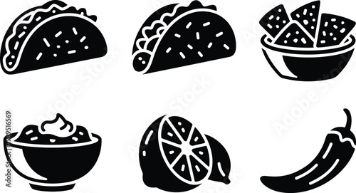 Black and white vector icons of Mexican food featuring tacos tortilla chips nachos salsa dip lime and chili pepper
