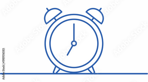 Blue line art alarm clock on white background, front view, simple and modern design, suitable for time management, scheduling and deadline concepts.