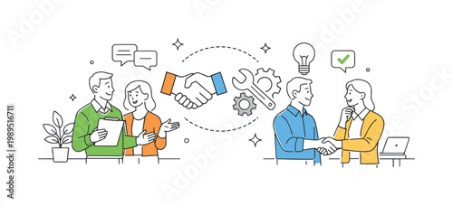 A conflict resolution scenario where individuals work toward solving issues and restoring cooperation in an office setting, visualized by a small group interacting near a