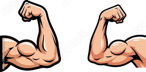 Strong muscular arms flexing biceps, comic style bodybuilder arm muscles vector, athletic power and fitness strength icons for gym branding