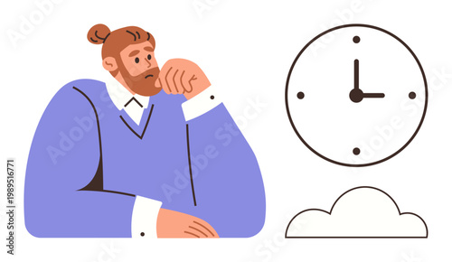 Time management, waiting, decision-making, planning, productivity, deadline awareness. A man rests his chin on his hand next to a clock. Time management and decision-making concept