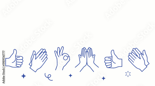 Blue minimalist line art hand gestures featuring thumbs up, clapping, and ok signs on a white background, concept for feedback, social media and success.