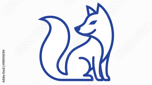 Blue minimalist line art of a sitting fox looking back, featuring clean strokes and a bushy tail, ideal for logo design, branding and web graphics.