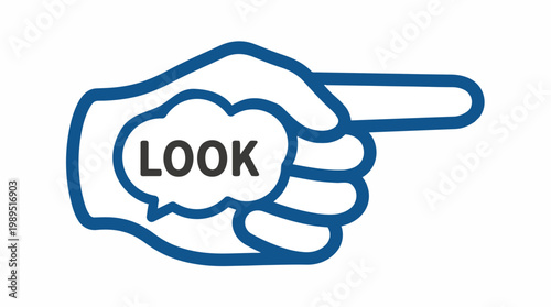Blue outline hand pointing right with a look speech bubble on white, perfect for user interface design, navigational signage and call to action icons.