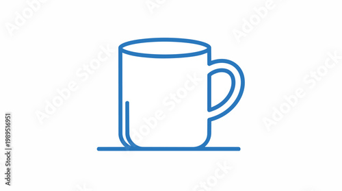 Blue outline mug icon, a clean minimalistic vector illustration with a handle on a pure white background, concept for coffee shops, UI design and hot beverage branding.