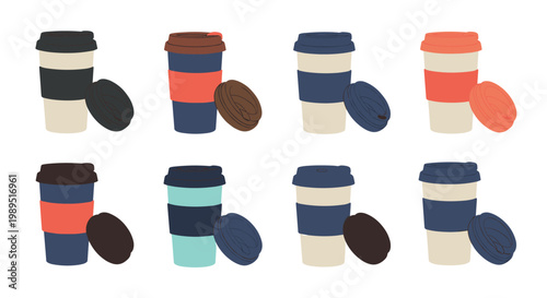 Group of eco friendly reusable coffee cups in various colors with separate lids for sustainable beverage drinking habits.